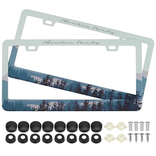 Adventure Awaits License Plate Frames, 2 Pack Adventure, Outdoors, Camper, Hiking, Mountain Car Plate Frame, Stainless Steel License Plate Holder with Free Screws Fasteners Caps (Adventure Awaits) - color: Adventure awaits
