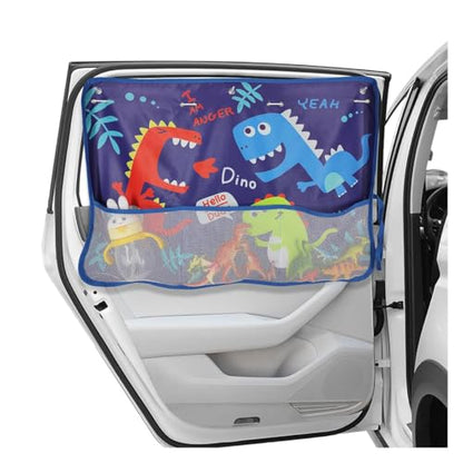 Car Window Shade for Baby, Blackout Car Window Curtain with Storage Pockets & 7 Suction Cups, Cartoon Pattern Cars Side Window Sun Shade Cover for Sun/Heat/UV Rays Protection (Blue-Dinosaurs) - color: Blue-Dinosaurs