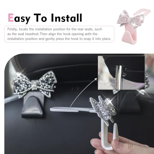 2 PCS Bling Car Seat Headrest Hooks, Crystal Rhinestone Bow Vehicle Hooks for Purses and Bags, Automotive Purse Hook Hanger, Universal Diamond Car Rear Seat Organizer (Pink) - color: Pink