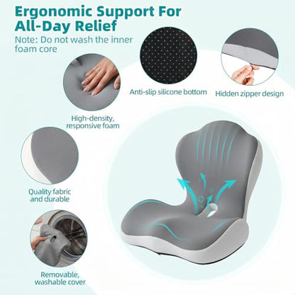 Office Chair Cushion with Back Support, Ergonomic Seat Cushion High Density Memory Foam with U-Shaped Raised Sides, Breathable Coccyx Relief for Better Posture, Office Chair, Car, Home (Gray) - color: Gray