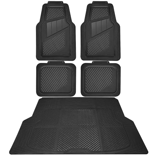 CAR PASS Heavy Duty Rubber Floor Mats Gray Car Mats Full Set with Trunk Cargo Liner - Universal Waterproof Floor Mats for Car SUV Truck, Durable All Weather Automotive Liner Mats (All Black) - color: Black Cargo Liner