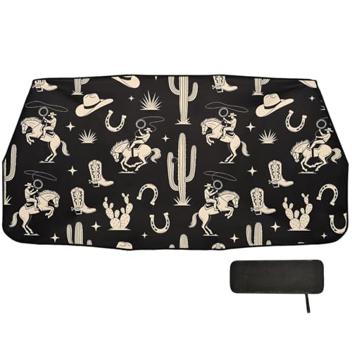 Gredecor Windshield Sun Shade Umbrella, Boho Western Cactus Cowboy Foldable Car Sunshade with UV Block Front Window (Heat Insulation Protection) for Auto Windshield Covers