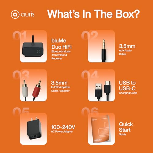 Auris Blume Duo HiFi Bluetooth 5.0 Music TV Transmitter & Receiver Long Range Wireless Adapter | Audiophile DAC, LDAC, aptX HD/LL, Display, Battery & Optical AUX Output Input for Stereo Amplifier Car