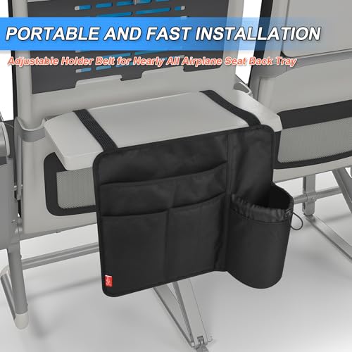 Airplane Seat Back Organizer & Storage, Airplane Tray Table Cover for Personal Items, Airline Seat Hanging Pockets Media Pouch,Reusable Travel Essentials,Fits Tablets,Cell Phone,Water Bottle (Black) - color: Black