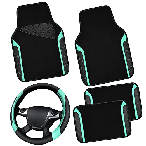 CAR PASS Leather Steering Wheel Cover and Waterproof Car Floor Mats,Microfiber Universal Car Combo Fit for 95% Sedan,SUV,Cars,14.5-15inch Sporty Anti-Slip Safety Comfortable Design(Black&Mint) - color: Black＆Mint