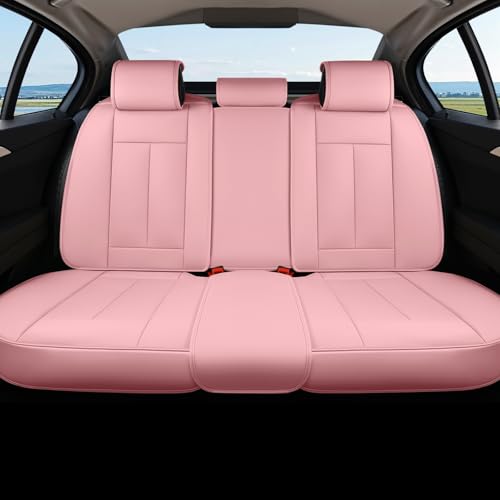 Coverado Rear Seat Covers for Cars, Waterproof Back Car Seat Cover, Pink Backseat Cover, Seat Back Protector for Kids, 3-Pieces Faux Leather Car Seat Cushion Universal Fit for Most Cars - color: Pink