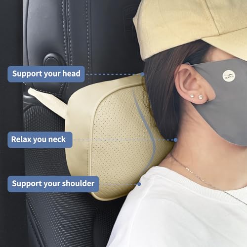 Car Neck Pillow for Headrest, 2 Pack PU Leather Car Headrest Pillow for Neck Support, Super Soft Ergonomic Du-Pont Bio Cotton Travel Pillow with Adjustable Strap (Beige, Shaped Style) - color: Beige1