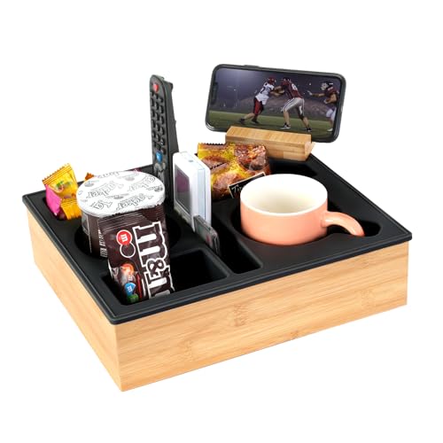Couch Cup Holder Tray, Hitseon Silicone Bamboo Couch Caddy with Rotatable Phone Holder for Bed Car Seat Organizer, Waterproof Anti-Spill Couch Drink Holder for Snacks Beverage Remote (Black) - color: Black, size: 11.5*10*3 IN
