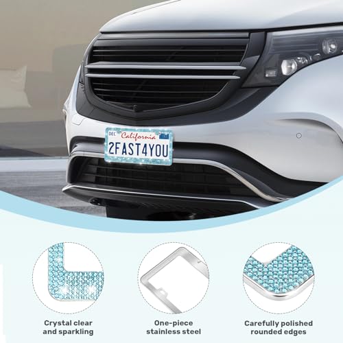 QUANQIUFEI 2 Pack Bling License Plate Frames, Sparkly Rhinestone Diamond Car License Plate Cover for Women, Stainless Steel Car Accessories with Glitter Crystal Caps (Aqua Bohemica) - color: Aqua Bohemica