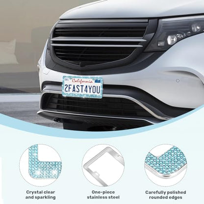 QUANQIUFEI 2 Pack Bling License Plate Frames, Sparkly Rhinestone Diamond Car License Plate Cover for Women, Stainless Steel Car Accessories with Glitter Crystal Caps (Aqua Bohemica) - color: Aqua Bohemica