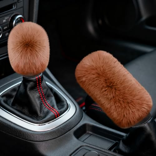 2PCS Plush Car Gear Shift Knob Cover & Handbrake Cover, Shift Knob Protector, Soft Fluffy Gear Handbrake Protective Sleeves, Shifter Lever Brake Handle Warm Plush Set for Cars (Yellow) - color: Yellow