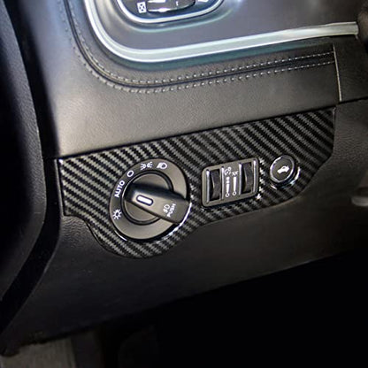 crosselec Carbon Fiber Central Control AC Gear Shift Cup Holder Headlight Switch Button Panel Cover Trim 5pcs for Dodge Charger 2015-2022 - color: black 5pcs