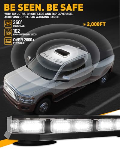 HLauto 406D Rooftop Emergency Strobe Lights Bar, 102 LED White Mini Beacon Safety Flashing Warning Traffic Lights Bar w/Magnetic Base for 12-24V Trucks, Construction Vehicles, Snowplow, Cars - color: White