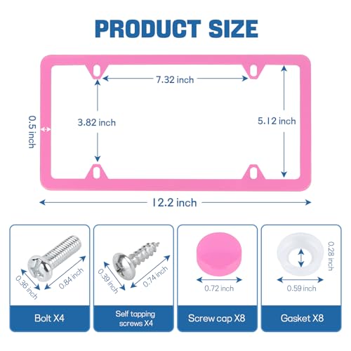 Wuyaoyao 2PCS Car License Plate Frames, 4 Holes Stainless Steel License Plate Frame, Slim License Plates Cover Holder with Screws Bolts Caps Washers, Universal Exterior Car Accessories (Pink) - color: Pink