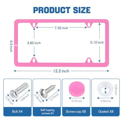 Wuyaoyao 2PCS Car License Plate Frames, 4 Holes Stainless Steel License Plate Frame, Slim License Plates Cover Holder with Screws Bolts Caps Washers, Universal Exterior Car Accessories (Pink) - color: Pink