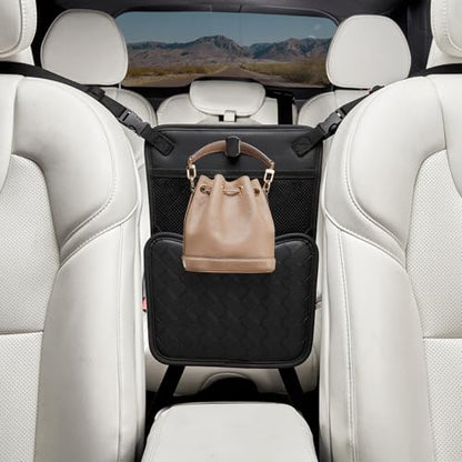 Purse Holder for Car,Car Purse Holder Between Seats,PU Leather Seat Back Organizer,Large Capacity Bag,Car Net Pocket Handbag Holder,Pet Barrier(Black) - color: Black