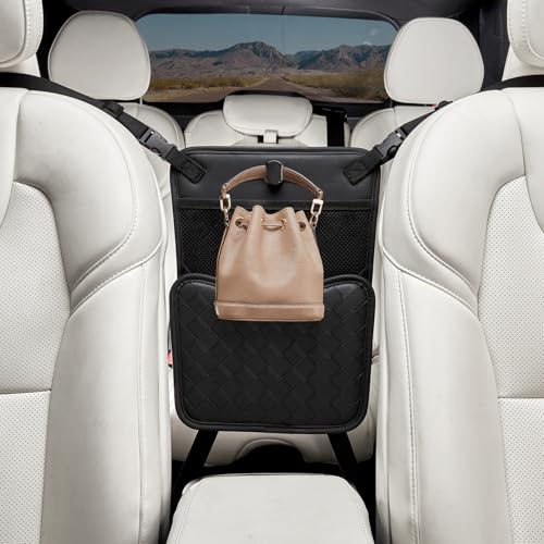 Purse Holder for Car,Car Purse Holder Between Seats,PU Leather Seat Back Organizer,Large Capacity Bag,Car Net Pocket Handbag Holder,Pet Barrier(Black) - color: Black