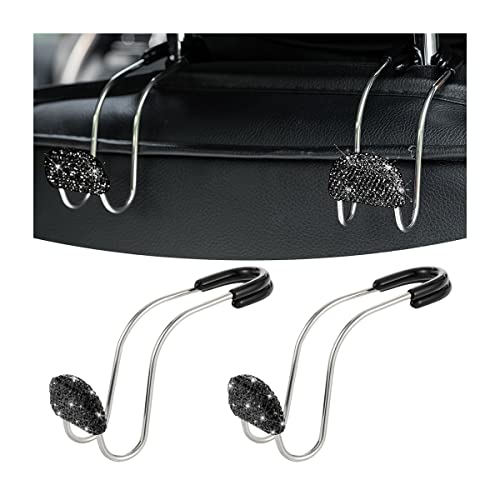 AUCELI Car Headrest Hook, 2 Pack Bling Backseat Organizer Hanger for Purse Clothes Grocery Bag, Rhinestones Auto Headrest Storage Holder, Universal Car Seat Accessories for Most Vehicle (Black) - color: Black