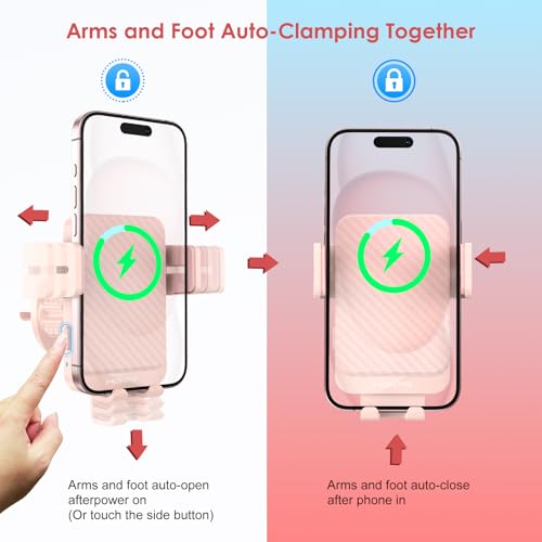 Wireless Car Charger, MOKPR 15W Fast Charging Auto-Clamping Car Charger Phone Mount Air Vent Cell Phone Holder Compatible iPhone 16/15/14/13/13 Pro/12 pro/12/11, for Samsung Galaxy S23/S22/S21, Pink - color: Pink