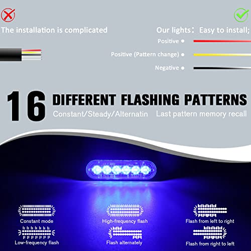 DIBMS LED Emergency Strobe Lights Bar 8x Blue 6 LED Strobe Warning Emergency Flashing Light Caution Construction Hazard Light Bar For Car Truck Van Off Road Vehicle ATV SUV Surface Mount - color: Blue