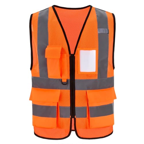 High Vis Safety Vest Reflective Strips, Multi-Pocket Design, Available in Yellow,Orange,black,Pink,blue,Red,purple - color: Orange, size: X-Small