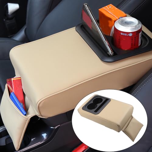 PU Leather Armrest Cushion with Cup Holder, Car Center Console Pad with Front Storage Pocket, Elbow Rest Pillow, Universal Car Armrest Seat Box Cover Protector - Beige - color: Beige