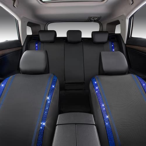 CAR PASS Bling Diamond Car Seat Covers Full Set, Shining Rhinestone Waterproof Faux Leather, Rear with Zipper, Universal Fit Automotive Glitter Crystal Sparkle Strips for Cute Women Girl, Blue - color: Blue Diamond, size: Full Set