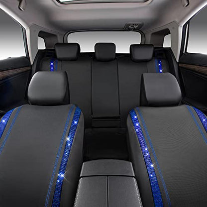 CAR PASS Bling Diamond Car Seat Covers Full Set, Shining Rhinestone Waterproof Faux Leather, Rear with Zipper, Universal Fit Automotive Glitter Crystal Sparkle Strips for Cute Women Girl, Blue - color: Blue Diamond, size: Full Set