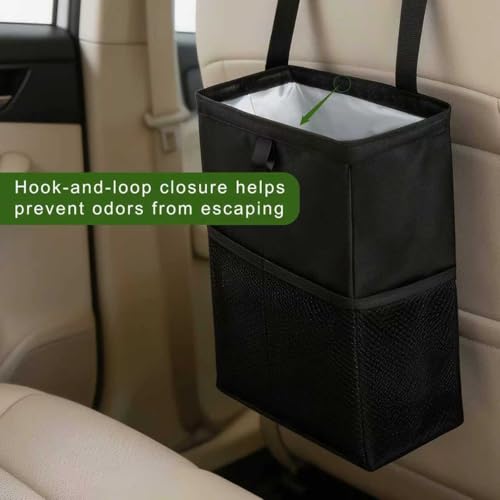 Car Trash Can, 3.4 Gallons Leak-Proof Hanging Trash Bin with Hook and Loop Lid and Handle, Multipurpose Car Organizer with Storage Pockets for SUV, Truck, RV and Camping