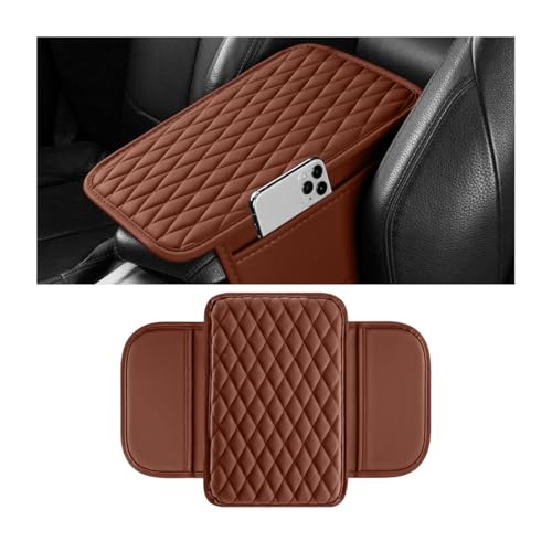 Car Armrest Cushion Pad, Leather Vehicle Center Console Cover with 2 Storage Bags, Non-Slip Automotive Interior Arm Rest Seat Box Cover Accessories, Universal for SUV RV Sedan (Brown) - color: Brown