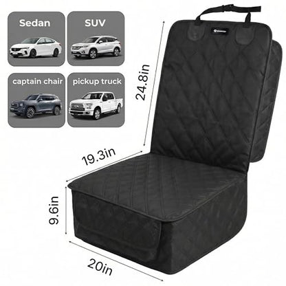 Front Seat Dog Cover for Car SUV Truck, Waterproof 600D Oxford Cloth Pet Seat Protector with Side Flaps, Durable Dog Seat Cover Front Passenger for Bucket Seat/Captain Chair, Full Protection (Black)