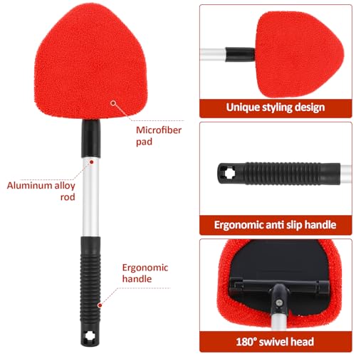 Windshield Cleaning Tool, Car Window Cleaner with Extendable Long Handle and 4 Washable Reusable Microfiber Pads and Spray Bottle, Auto Interior Exterior Glass Wiper Kit Supplies (Red) - color: Red