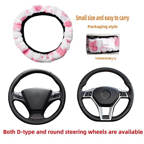 Pinbola 5pcs in 1 Set Faux Wool Steering Wheel Cover Soft Fluffy Handbrake Cover & Gear Shift Cover & 2pcs Seat Belt Shoulder Pads Warm Universal Fit for 15 Inch (Cow Pink) - color: Cow Pink