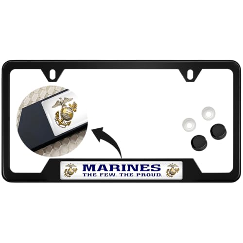 [Officially Licensed USMC Product] - Stainless Steel Black CAR 2-Hole Standard Size - Domed Custom-Made Corrosion-Resistant License Plate Frame with US Marines. The Few The Proud & Free caps -(Qty:1) - size: Marines - Style 2