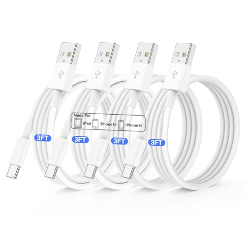 QZIIW 4 Pack USB C Fast Charging Cable 3FT For iPhone 17 16 15/17 16 15 Pro/16 15 Pro max/16 15 Plus,USB A to USB C Car Carplay Cord compatible Samsung Galaxy S25 S24, iPad Pro 12.9/11,Air 5th/4th Gen - color: White, size: 3FT+3FT+3FT+3FT