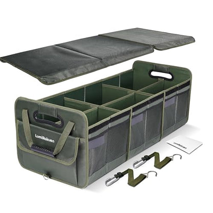 Heavy Duty Trunk Organizer with Lid for Car SUV-1680D Water-Resistant Fabric &3.5mm PP Skeleton,Collapsible Cargo Storage Box with No Sliding Metal Hooks,Fits Tesla,Truck,Sedan (XL Green - color: Moss Green