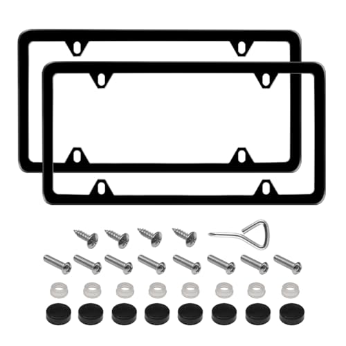 WinPower License Plate Frames, Stainless Steel License Plate Holder Rustproof 4 Holes Front Rear Universal Car Tag Cover 2 Pack, Black - color: Black