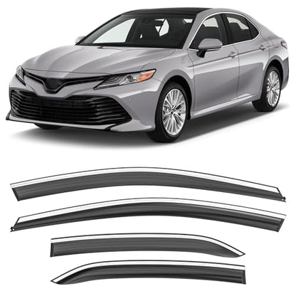 Shatterproof Taped-On Window Deflectors for Toyota Camry 2018-2024 with Chrome Trim, Rain Guards, Window Visors for Car, Vent Deflector, 4pcs - size: For 2018-2024 Camry