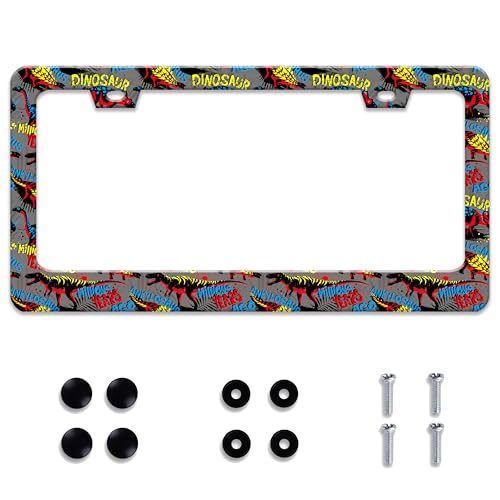 Personalized License Plate Frame Dinosaurs Stainless Steel Accessory Dinosaur License Plate Holder Funny Car Decorative 2 Holes Screws Fits Us Standard License Plates 12.2 X 6.3 in for Men Women - color: Dinosaurs