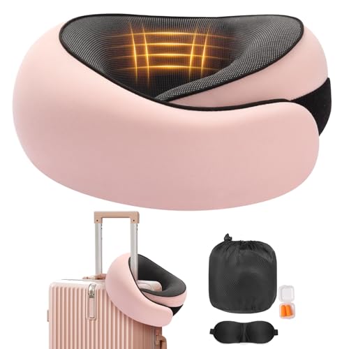 Travel Neck Pillow, Memory Foam Neck Support for Airplane, Car & Office, Breathable Portable Design with Eye Mask, Earplug Holder & Carry Bag, for Women&Men - color: Pink