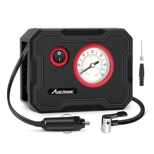 AVID POWER 12V Tire Inflator Portable Air Compressor, Portable Car Air Pump w/Display Gauge & LED Light, Air Pump for Car Tires, Motorcycles, Bicycles – 9.5Ft Cord, Ultra-compact