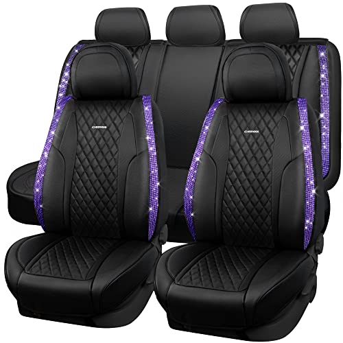 CAR PASS Bling Nappa Leather Car Seat Cover for Full Set Universal Luxury Waterproof Heavy-Duty Anti-Slip Cushioned Fit for SUV Sedan, Sparkly Glitter Shining Diamond Violet Crystal Purple Rhinestones - color: Purple Diamond, size: Full Set
