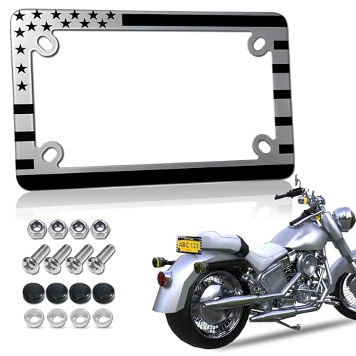 FBJTDQ Motorcycle License Plate Frame - American Flag Stainless Steel Bike Tag Plate Holder, USA Patriotic Heavy-Duty Metal Bracket with Mounting Screws Nuts Caps, 1 Pack - color: Black White Flag