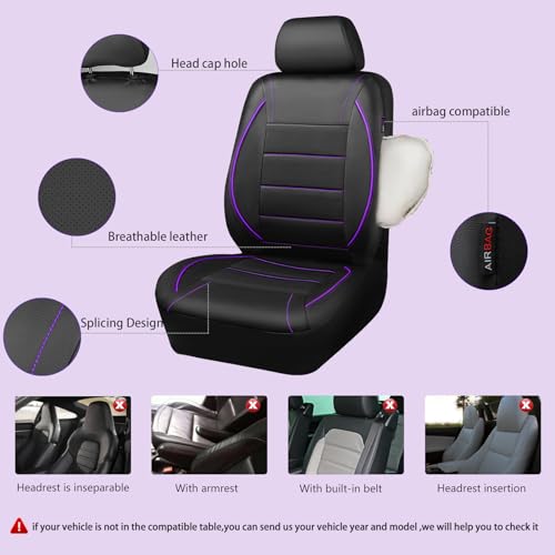 CAR PASS Piping PU Leather Car Seat Cover,Inside Zipper Design and Reserved Opening Holes Airbag Compatible,Universal FIT for Car, SUVs,Van,Trucks,Full Set, Black & Purple - color: Black and Purple