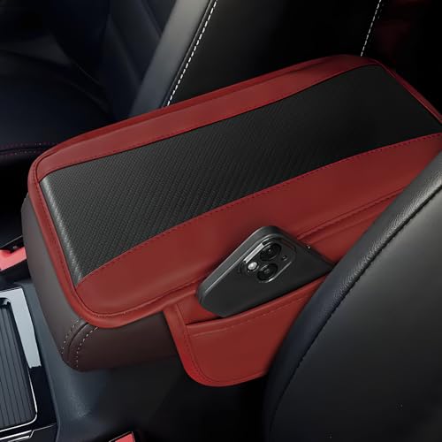 Car Center Console Cover, 12.48"×7.4" Carbon Fiber Leather Auto Armrest Cover, Vehicle Armrest Cushion Pad with Storage Pocket, Universal Arm Rest Protector Car Accessories (Red) - color: Red