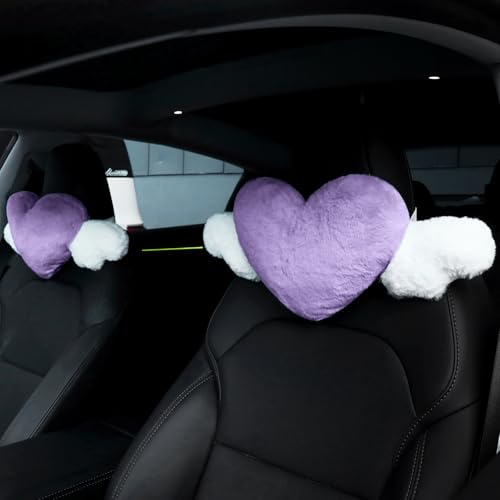 Macarrie 2 Pcs Plush Heart Shaped Pillow with Angel Wings Car Headrest Soft Comfortable Seat Pillow for Driving Travelling Room Office Car Decor, 19.7 x 8.3 Inch(Purple) - color: Purple
