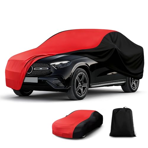 Indoor Car Cover, Stretch Satin Soft Dust Protection, Universal Fit for 189-205 Inch Sedans, Breathable Full Car Cover for Garage, Car Show, Windproof with Storage Bag, Red & Black - size: XXL (FIT 200*70*47inches)