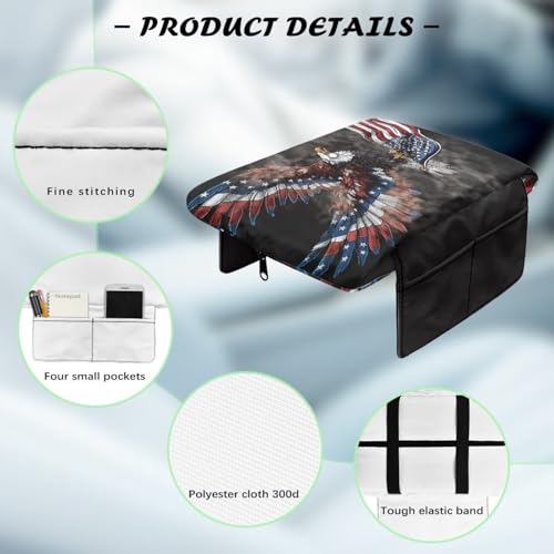 Eagle Center Console Cover, American Flag Print 300D Polyester Fabric Armrest Cover Center Console Cushion with Side Pockets Compatible with Most Cars Vehicles SUVs - color: American Flag Eagle