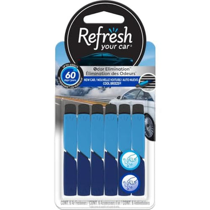 Refresh Your Car Odor Eliminating Auto Vent Stick Car and Home Air Freshener, New Car/Cool Breeze Scent, 6 Sticks