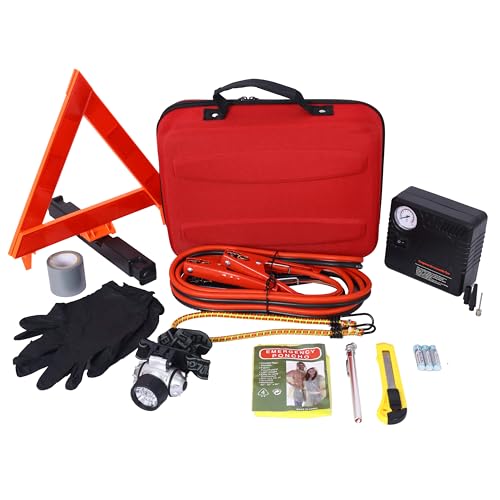 Auto Safety Emergency Kit with Portable Air Compressor - Comprehensive Roadside Assistance Tools, 7LED Headlight, Reflective Warning Triangle, First Aid Kit and More - Essential for Cars and Trucks